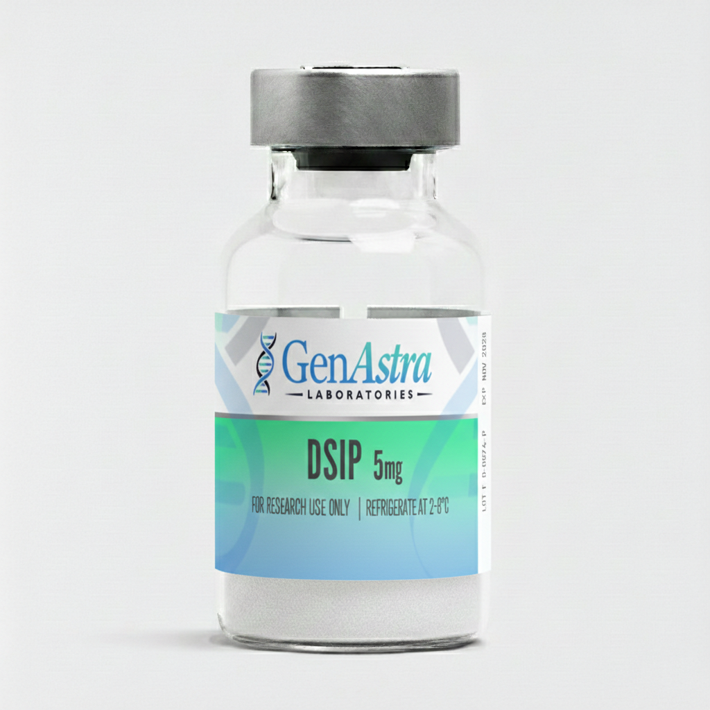 Okanagan Peptides DSIP 10 mg vial, clear glass with blue cap, lyophilized powder for research use only