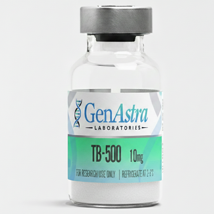 Okanagan Peptides TB-500 10 mg lyophilized powder vial, clear glass with blue cap, research use only