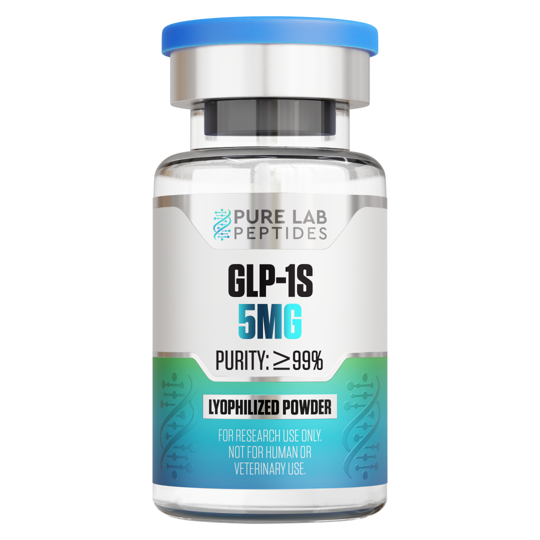 A clear glass vial containing 5mg of GLP-1S peptide, labeled with 'PURITY: ≥99%' and 'LYOPHILIZED POWDER'. The vial has a blue screw cap and features branding for 'OKANAGAN PEPTIDES'.
