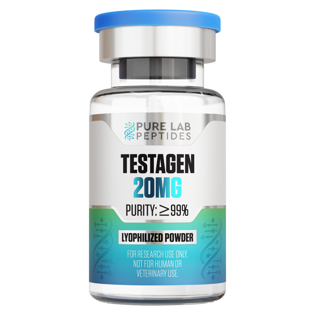 Okanogan Peptides Testagen 20 mg lyophilized powder vial, clear glass with blue cap, research use only