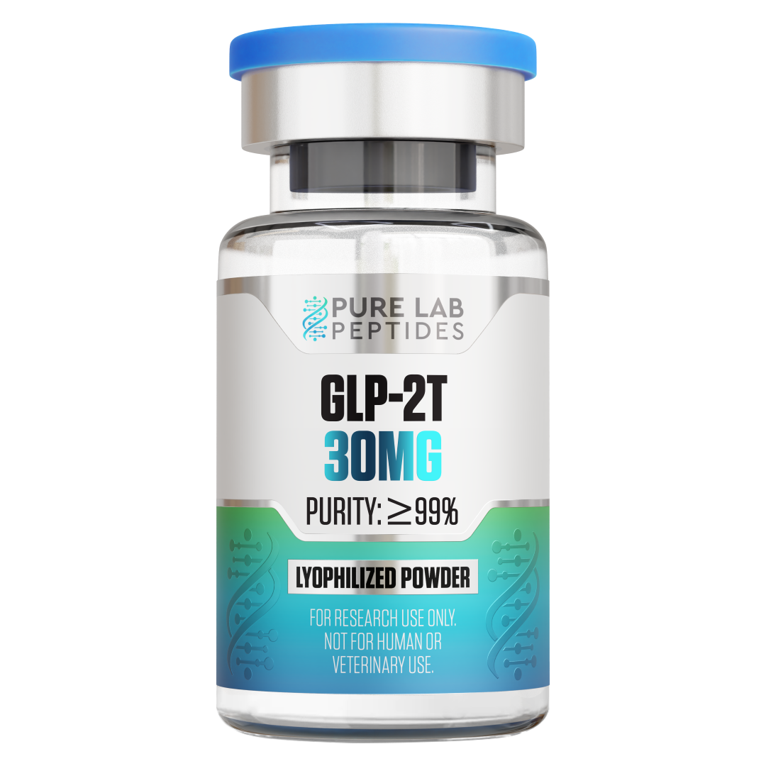 A clear vial labeled 'GLP-2T 30MG' with a blue cap, indicating a purity of 99% and containing lyophilized powder, marked for research use only and not for human or veterinary use.